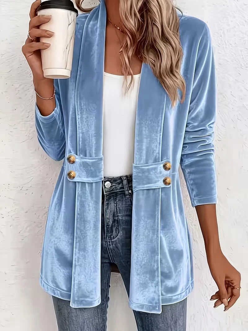 Damen Samt-Longblazer mit Schalkragen und dekorativen Knopfriemen Nord Taschen