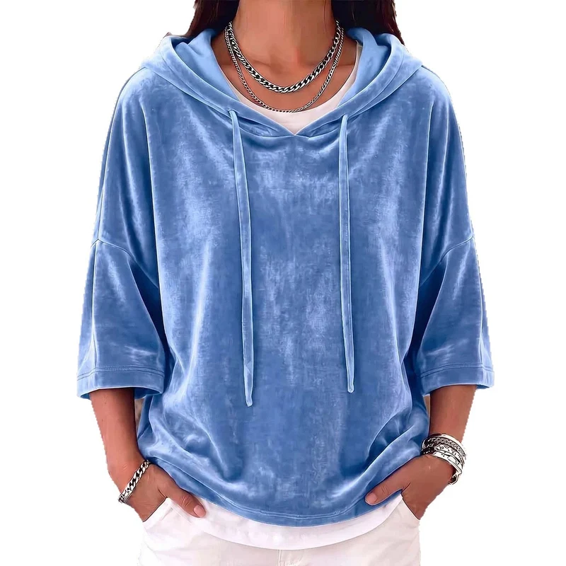 Damen Samt-Kapuzenpullover mit Oversize-Schnitt und Dreiviertelärmeln Nord Taschen