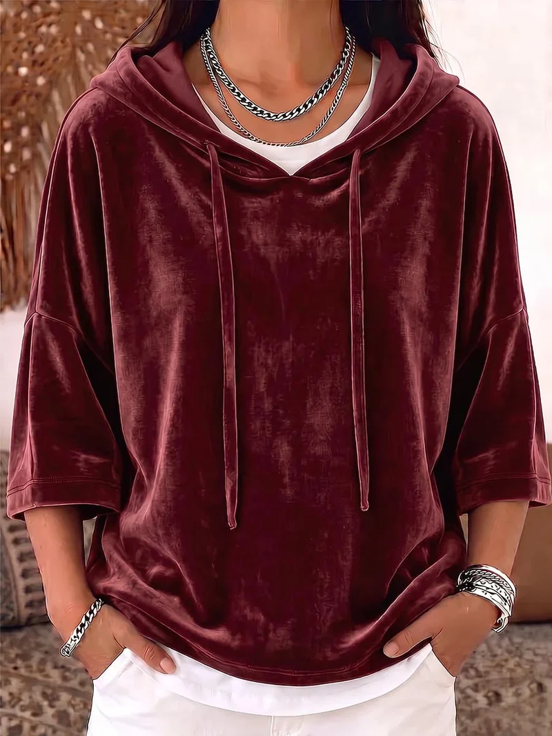 Damen Samt-Kapuzenpullover mit Oversize-Schnitt und Dreiviertelärmeln Nord Taschen