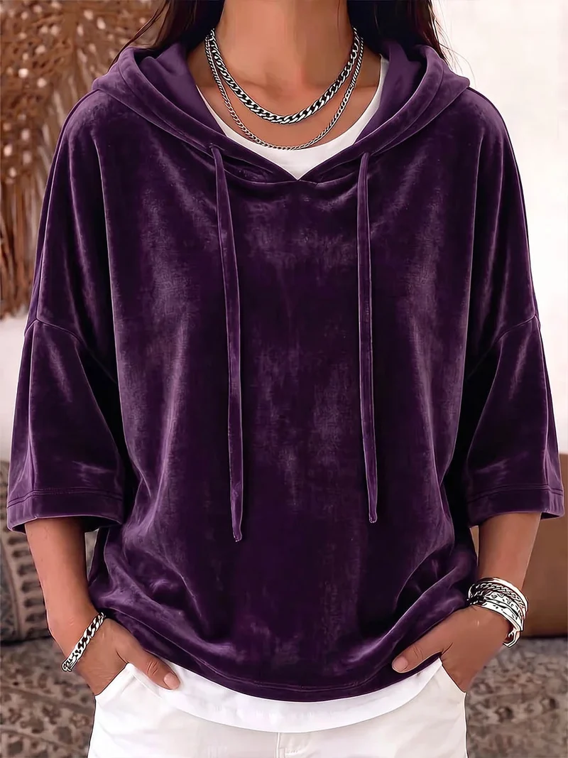 Damen Samt-Kapuzenpullover mit Oversize-Schnitt und Dreiviertelärmeln Nord Taschen