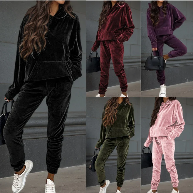 Damen Samt-Hoodie- und Jogginghose-Set mit Oversize-Schnitt Nord Taschen