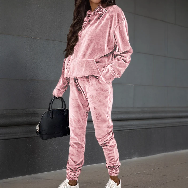 Damen Samt-Hoodie- und Jogginghose-Set mit Oversize-Schnitt Nord Taschen