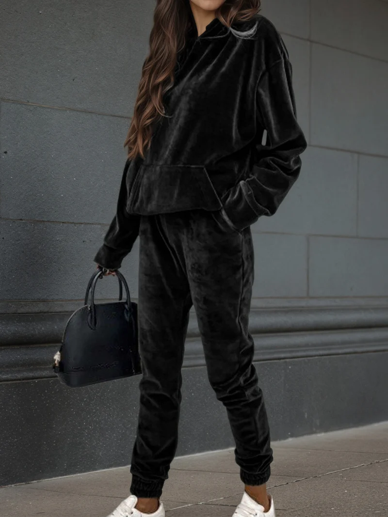 Damen Samt-Hoodie- und Jogginghose-Set mit Oversize-Schnitt Nord Taschen