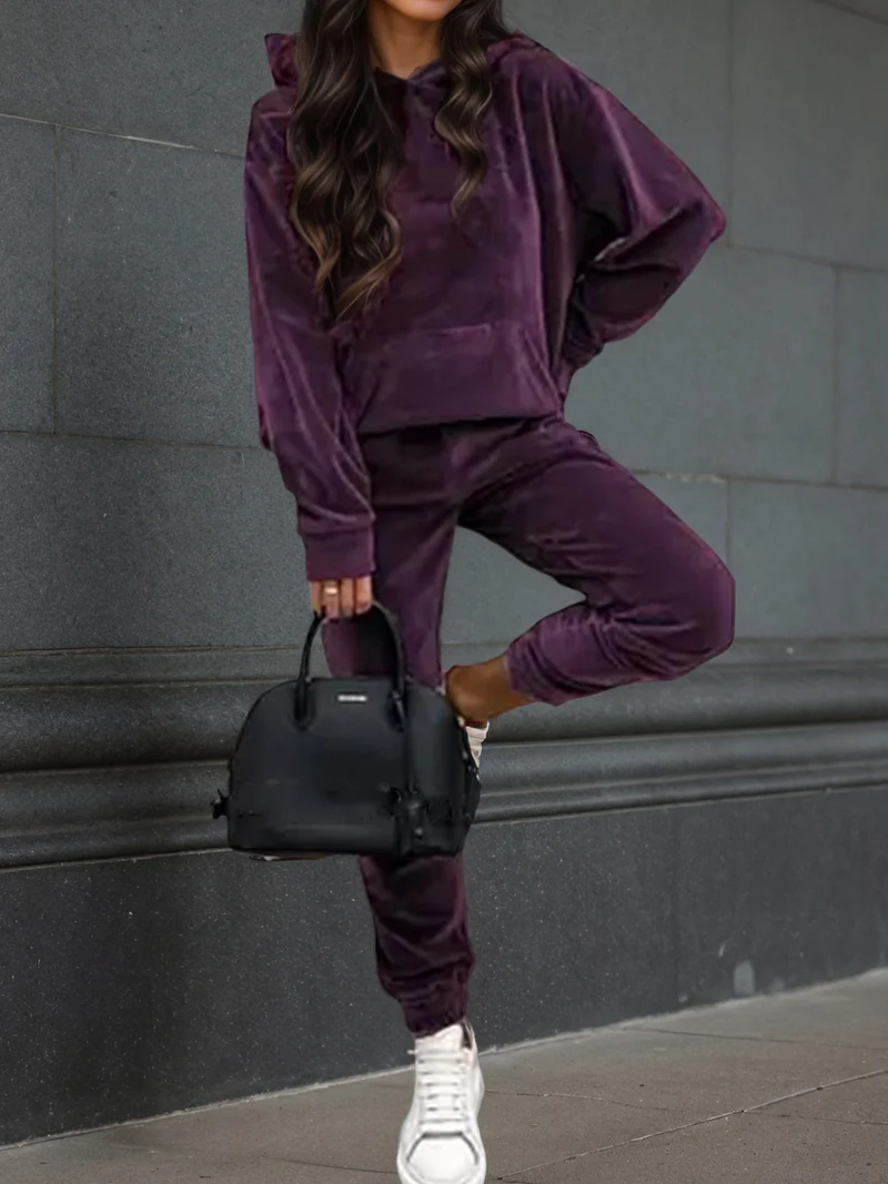 Damen Samt-Hoodie- und Jogginghose-Set mit Oversize-Schnitt Nord Taschen