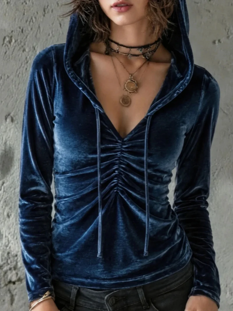 Damen Samt-Hoodie-Shirt mit geraffter V‑Ausschnitt‑Front Nord Taschen
