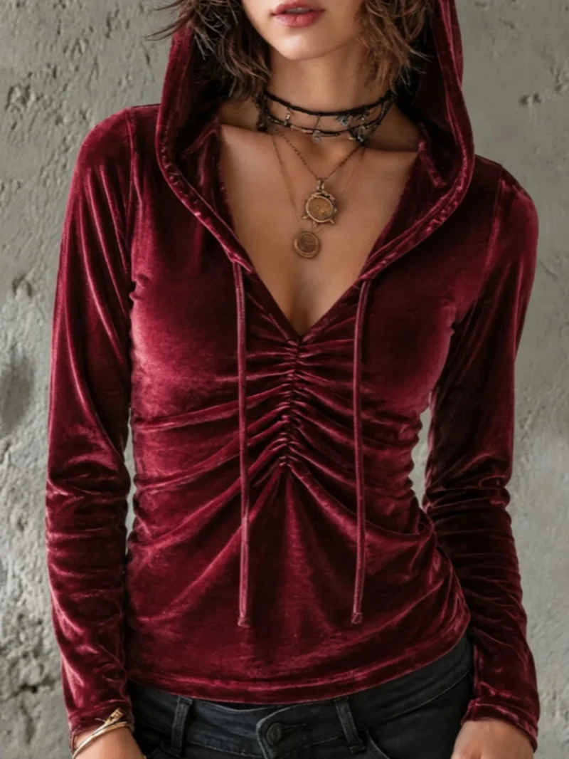Damen Samt-Hoodie-Shirt mit geraffter V‑Ausschnitt‑Front Nord Taschen