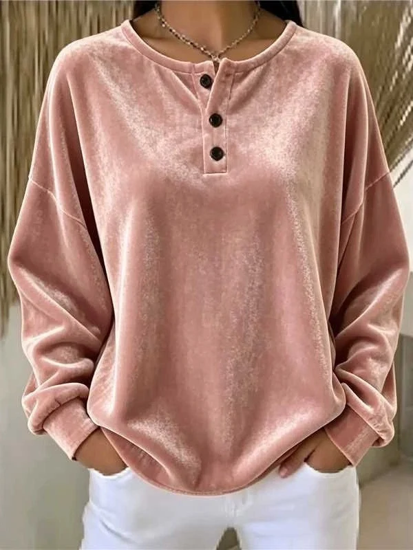 Damen Samt-Henley-Sweatshirt oversized mit Knopfleiste und überschnittener Schulter Nord Taschen