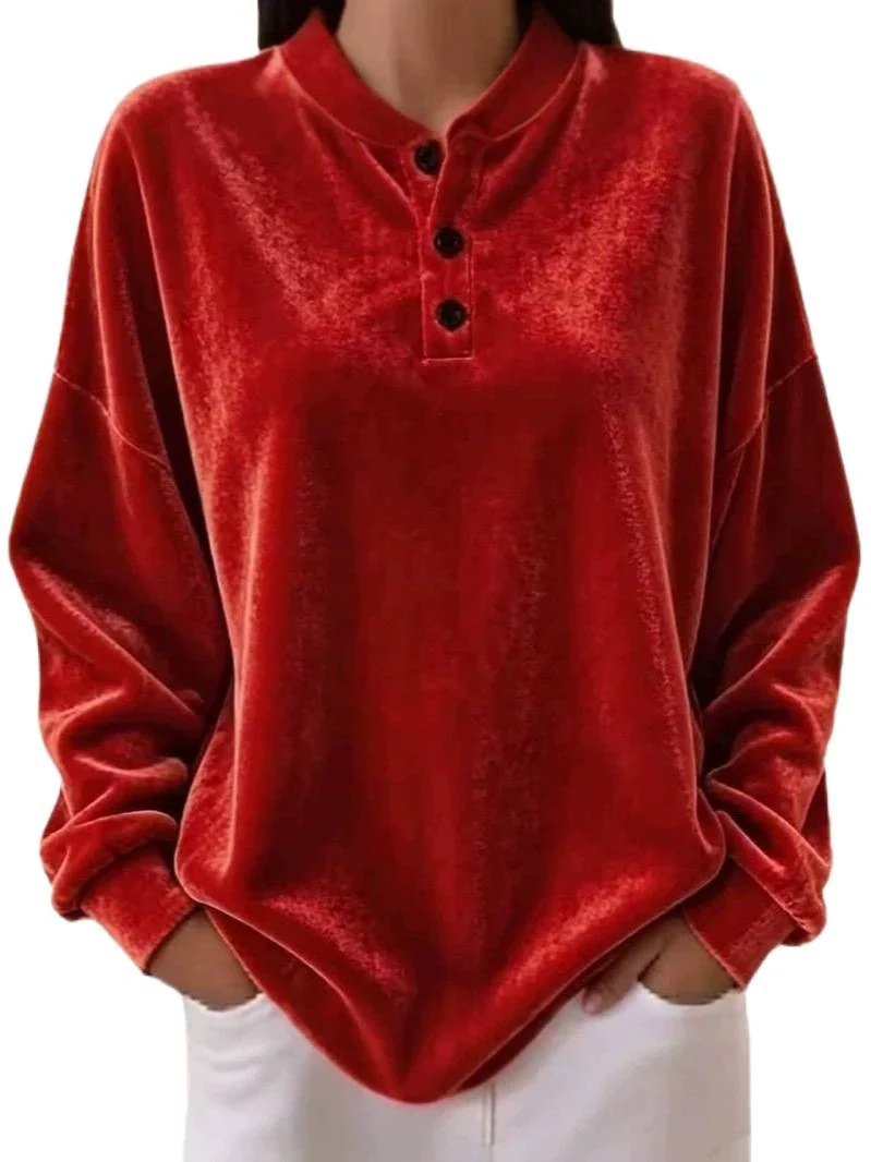 Damen Samt-Henley-Sweatshirt oversized mit Knopfleiste und überschnittener Schulter Nord Taschen