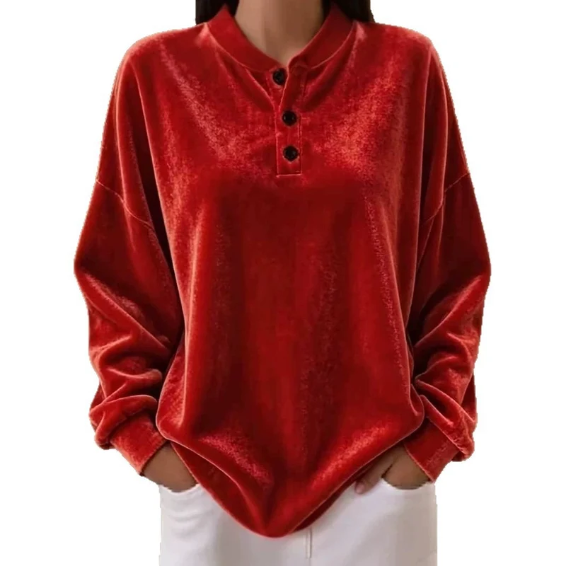 Damen Samt-Henley-Sweatshirt oversized mit Knopfleiste und überschnittener Schulter Nord Taschen