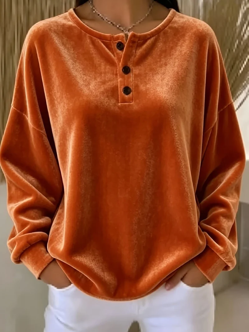 Damen Samt-Henley-Sweatshirt oversized mit Knopfleiste und überschnittener Schulter Nord Taschen