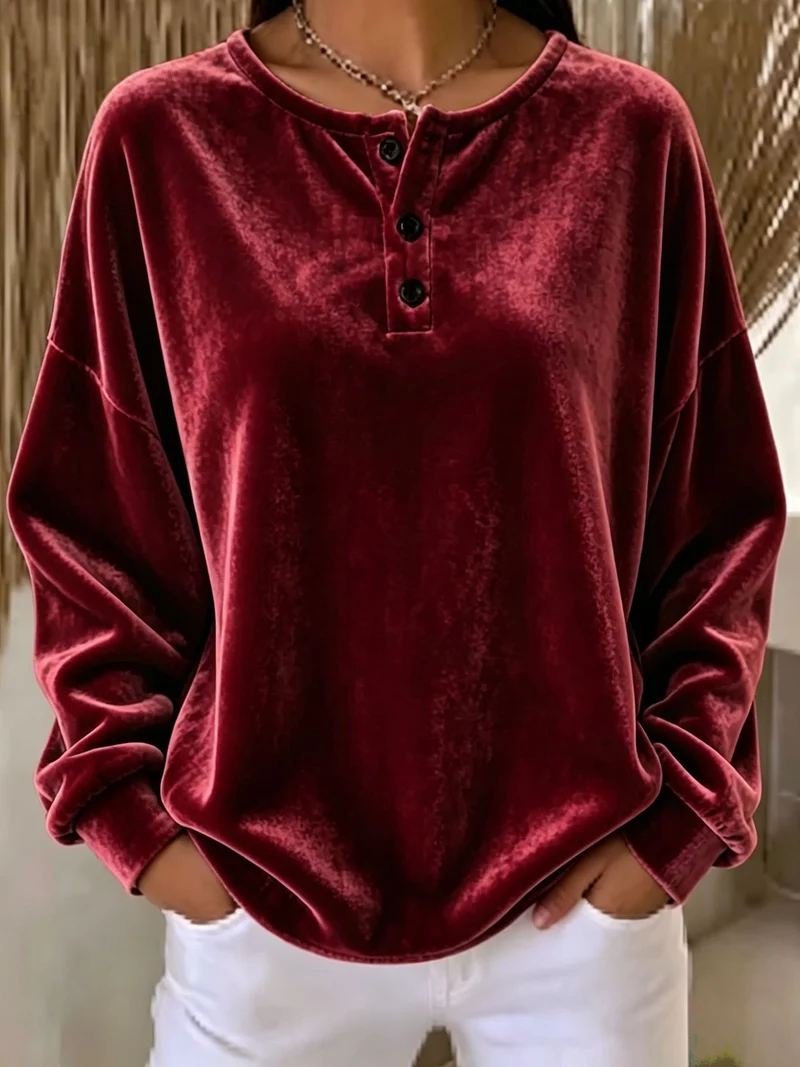 Damen Samt-Henley-Sweatshirt oversized mit Knopfleiste und überschnittener Schulter Nord Taschen