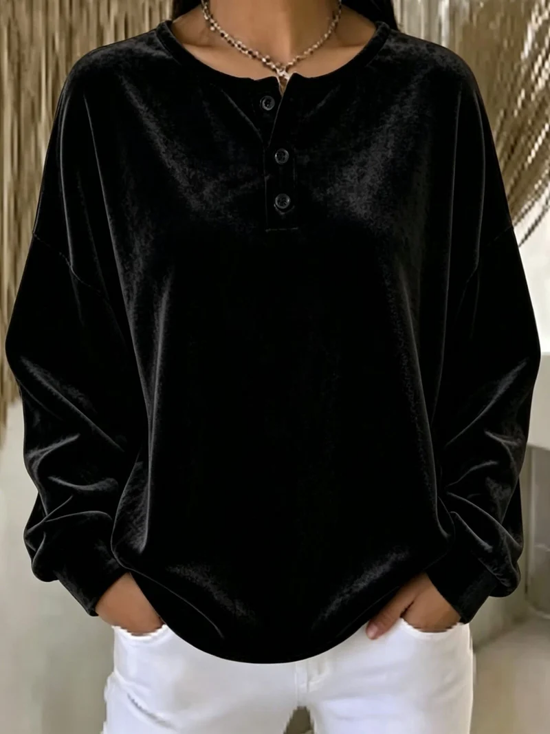 Damen Samt-Henley-Sweatshirt oversized mit Knopfleiste und überschnittener Schulter Nord Taschen