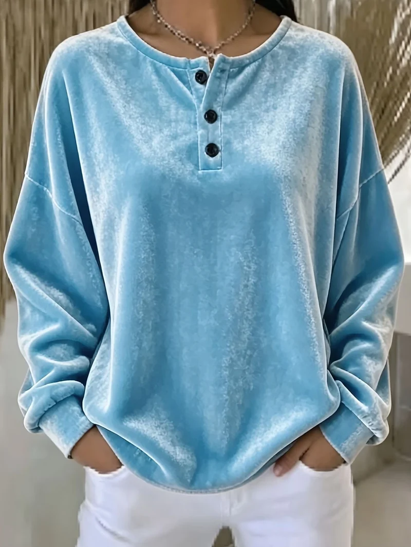 Damen Samt-Henley-Sweatshirt oversized mit Knopfleiste und überschnittener Schulter Nord Taschen