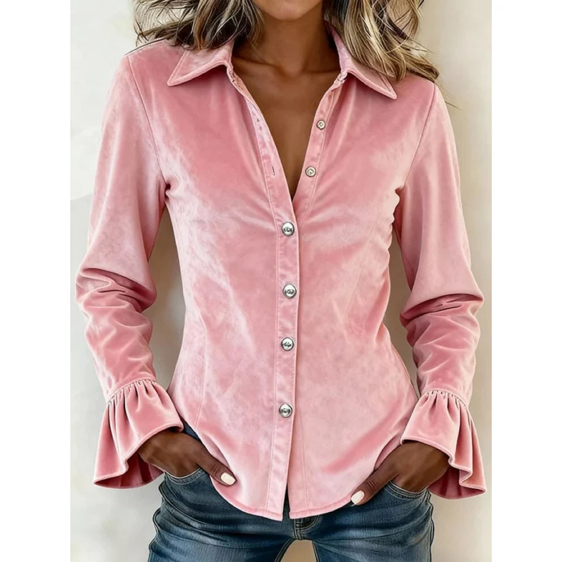 Damen Samt-Bluse mit tailliertem Schnitt, Reverskragen und Volantärmeln Nord Taschen