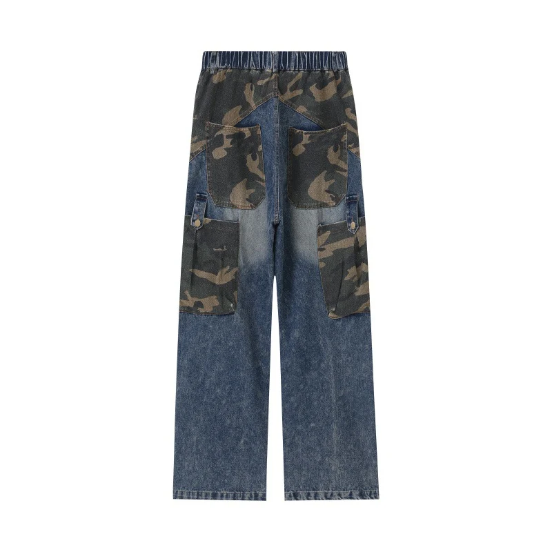 Damen Weite High‑Waist Denim‑Cargohose mit Camouflage‑Einsätzen Nord Taschen