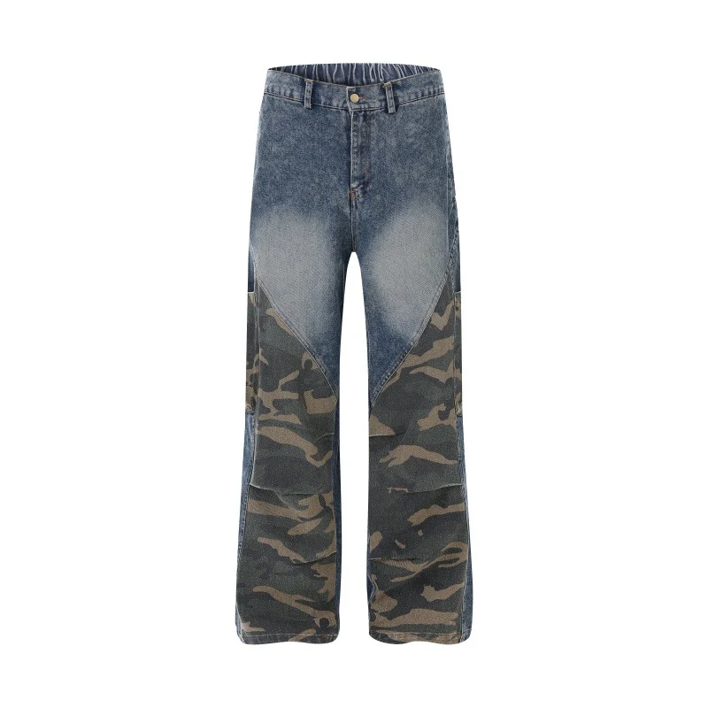 Damen Weite High‑Waist Denim‑Cargohose mit Camouflage‑Einsätzen Nord Taschen