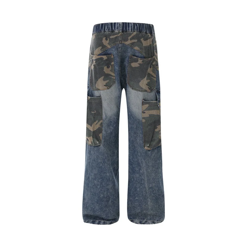 Damen Weite High‑Waist Denim‑Cargohose mit Camouflage‑Einsätzen Nord Taschen