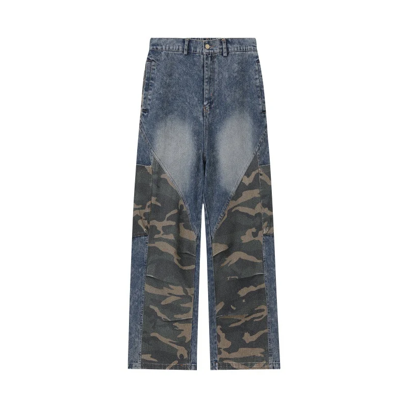Damen Weite High‑Waist Denim‑Cargohose mit Camouflage‑Einsätzen Nord Taschen