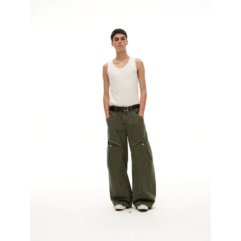 Damen Weite High‑Waist Cargo‑Hose im Vintage‑Workwear‑Look mit Aufgesetzten Taschen und Fransen-Details Nord Taschen