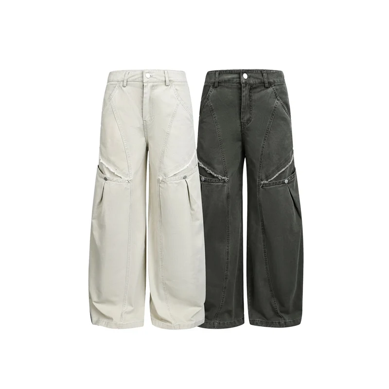 Damen Weite High‑Waist Cargo‑Hose im Vintage‑Workwear‑Look mit Aufgesetzten Taschen und Fransen-Details Nord Taschen