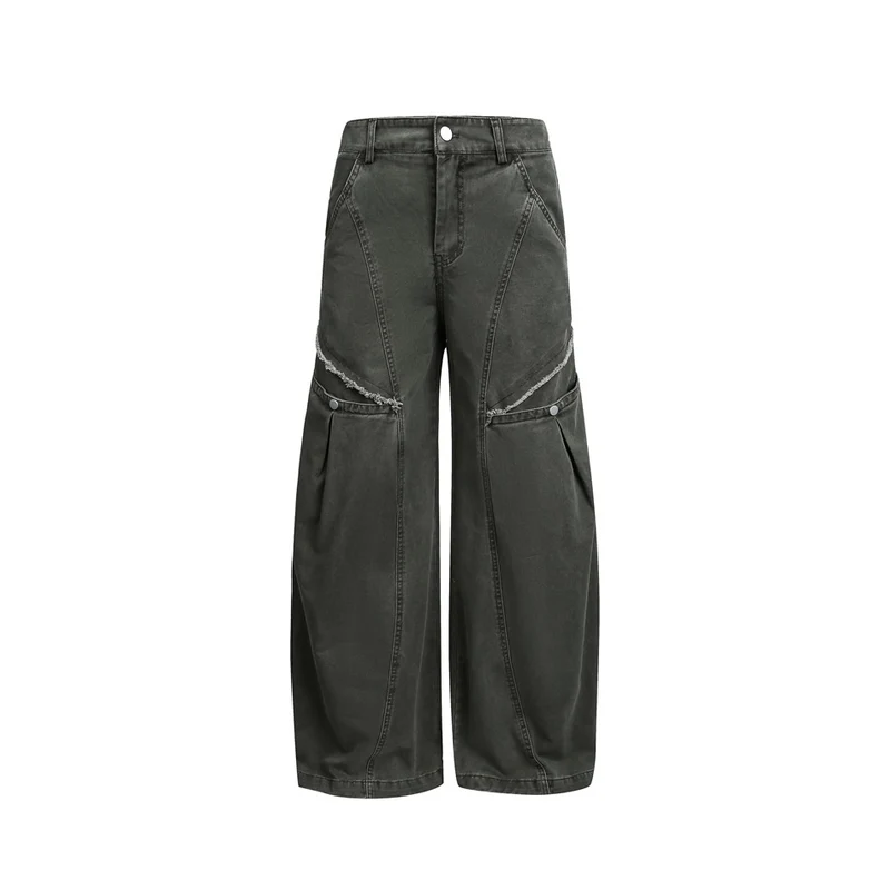 Damen Weite High‑Waist Cargo‑Hose im Vintage‑Workwear‑Look mit Aufgesetzten Taschen und Fransen-Details Nord Taschen