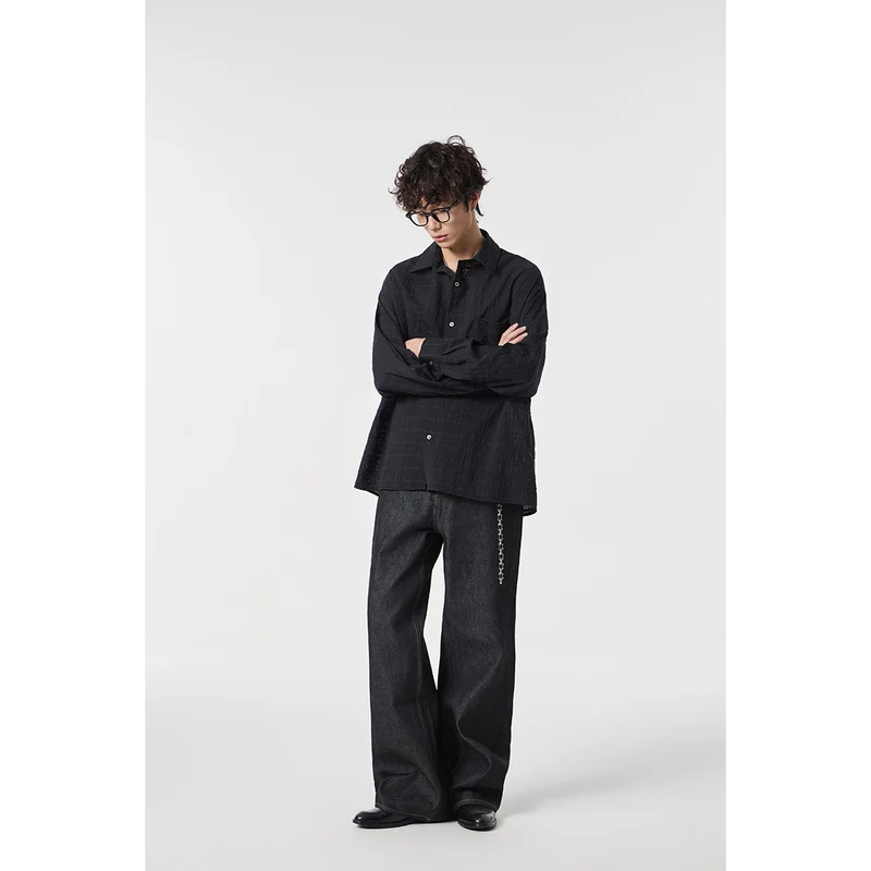 Herren Oversize Baumwoll-Leinen-Gauze-Hemd mit Brusttasche und Kentkragen Nord Taschen
