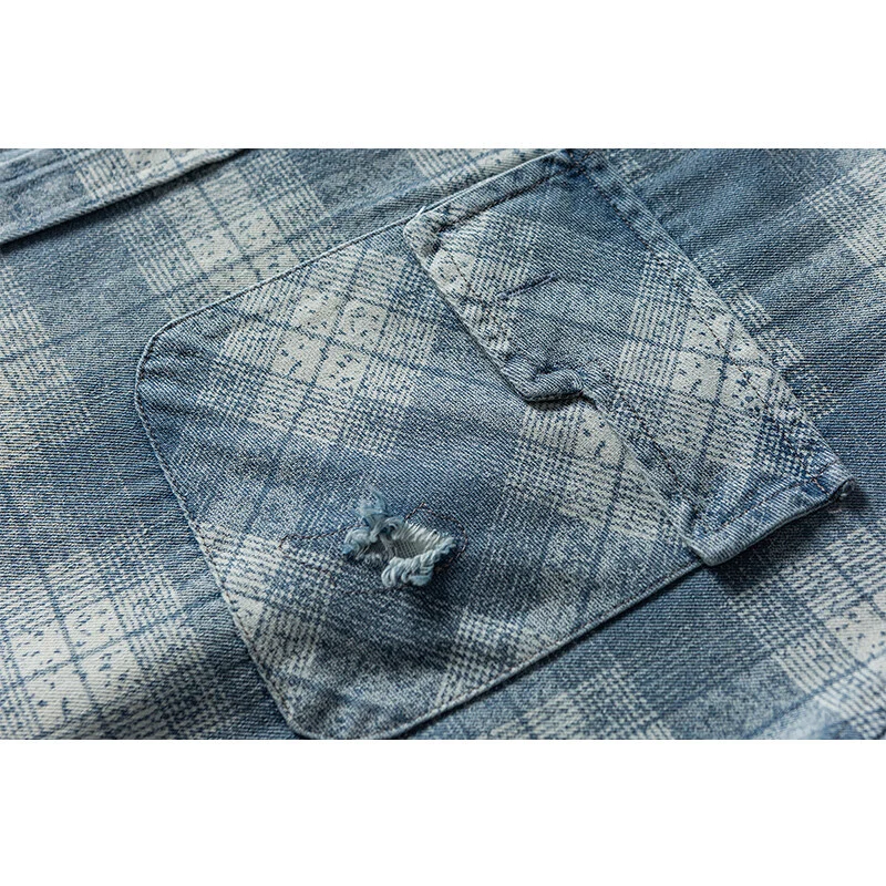 Herren Lockeres Karo-Hemd im Vintage-Denim-Look mit aufgesetzter Brusttasche und Used-Details Nord Taschen