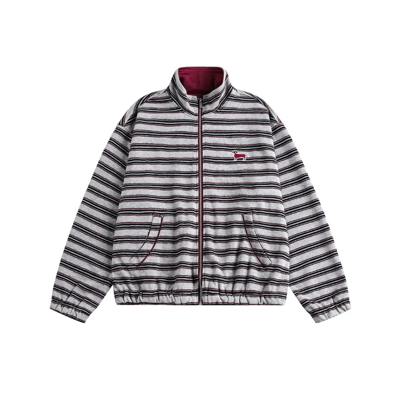 Damen Gestreifte Sweatjacke mit Stehkragen, Reißverschluss und elastischem Saum Nord Taschen