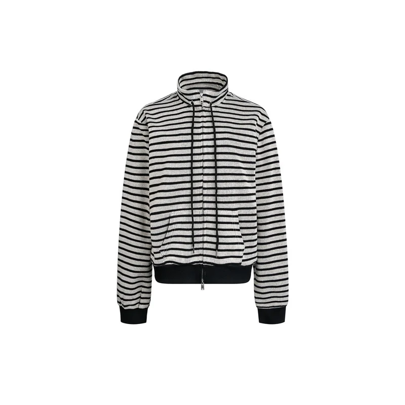 Damen Gestreifte Sweatjacke im Boxy‑Cut mit hohem Stehkragen, Zwei-Wege-Reißverschluss und Kängurutasche Nord Taschen
