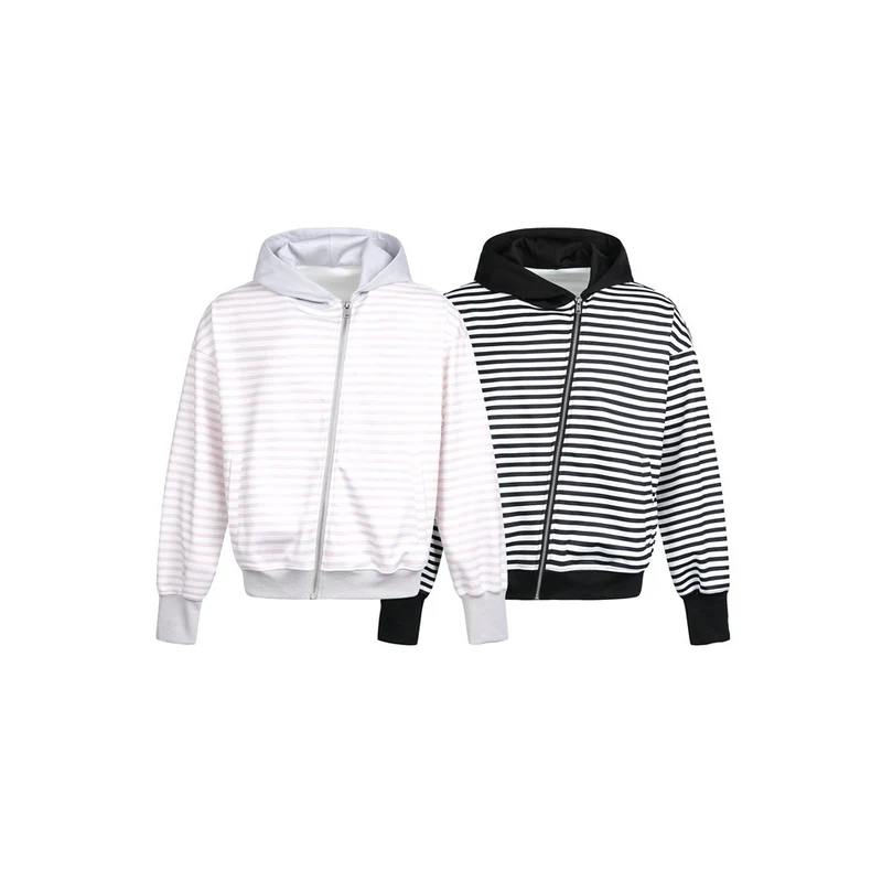 Damen Gestreifte Kapuzen-Zipjacke im Boxy‑Cut mit Rippbündchen und verdeckten Nahttaschen Nord Taschen