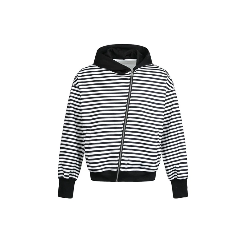 Damen Gestreifte Kapuzen-Zipjacke im Boxy‑Cut mit Rippbündchen und verdeckten Nahttaschen Nord Taschen
