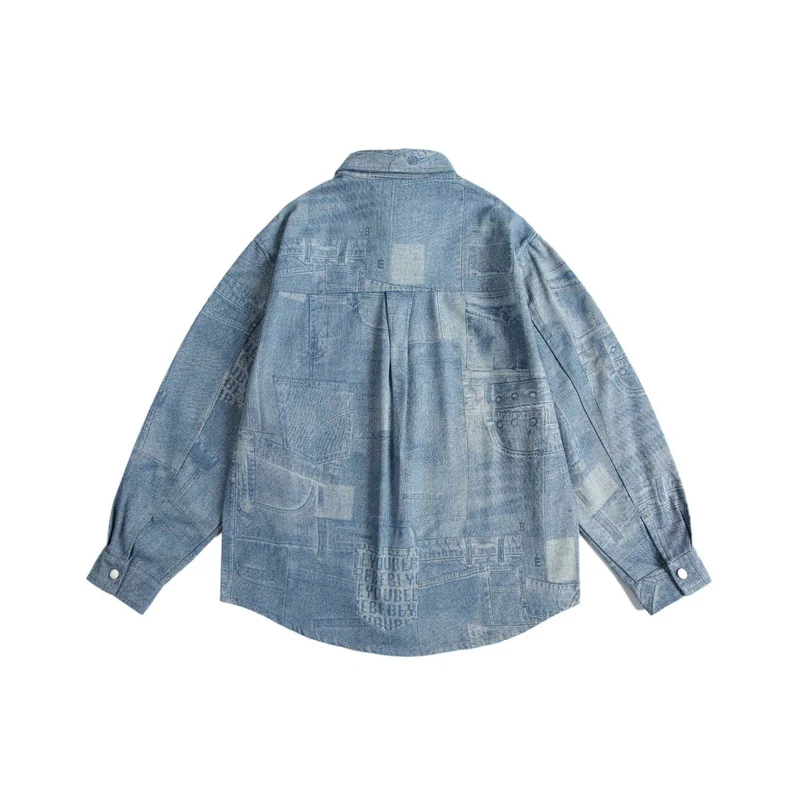 Unisex Oversize-Denim-Hemdjacke mit Patchwork-Print und Druckknopfblende Nord Taschen