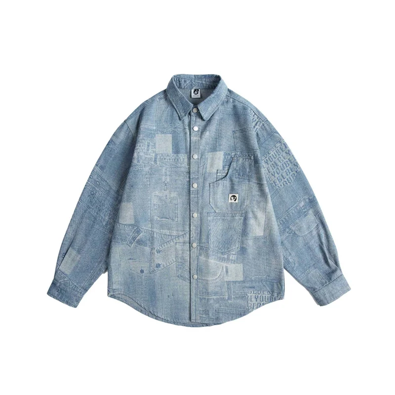 Unisex Oversize-Denim-Hemdjacke mit Patchwork-Print und Druckknopfblende Nord Taschen