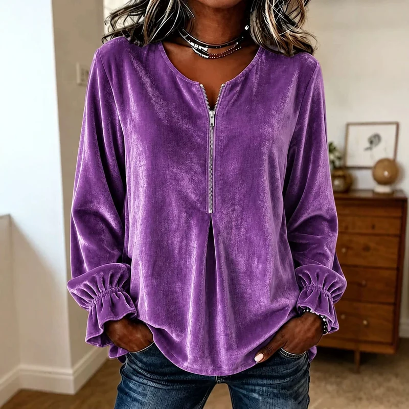 Damen Samt-Bluse mit halbem Reißverschluss, Rüschenbündchen und A-Linien-Schnitt Nord Taschen