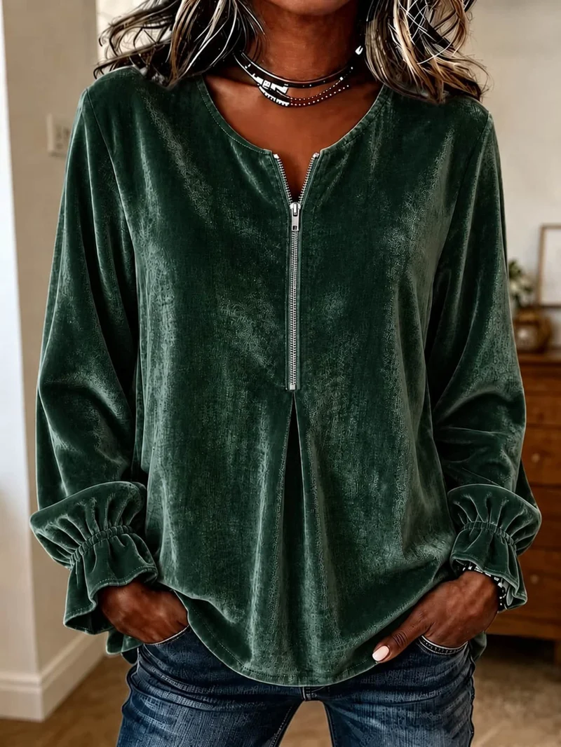 Damen Samt-Bluse mit halbem Reißverschluss, Rüschenbündchen und A-Linien-Schnitt Nord Taschen