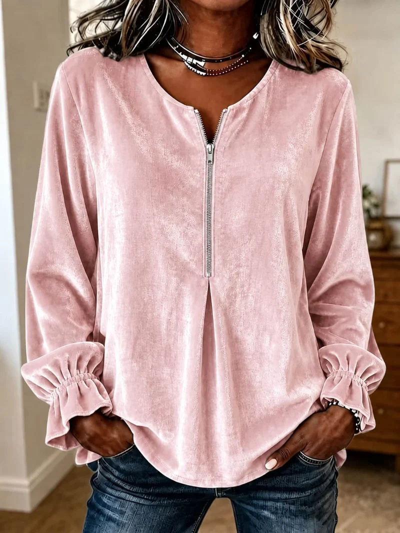 Damen Samt-Bluse mit halbem Reißverschluss, Rüschenbündchen und A-Linien-Schnitt Nord Taschen