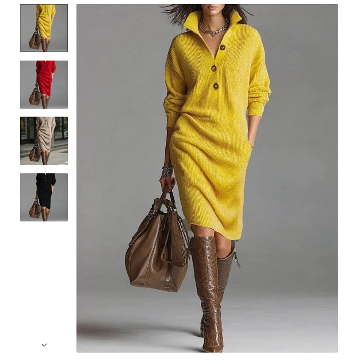 Damen Rippstrick-Midikleid mit Umlegekragen, Knopfleiste und Eingrifftaschen Nord Taschen