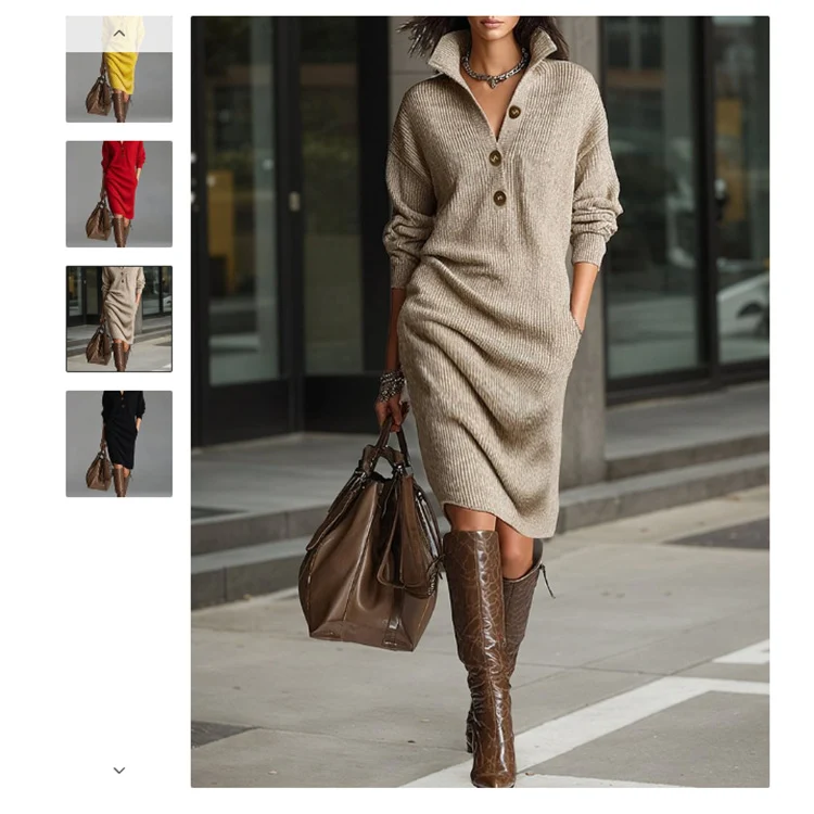 Damen Rippstrick-Midikleid mit Umlegekragen, Knopfleiste und Eingrifftaschen Nord Taschen