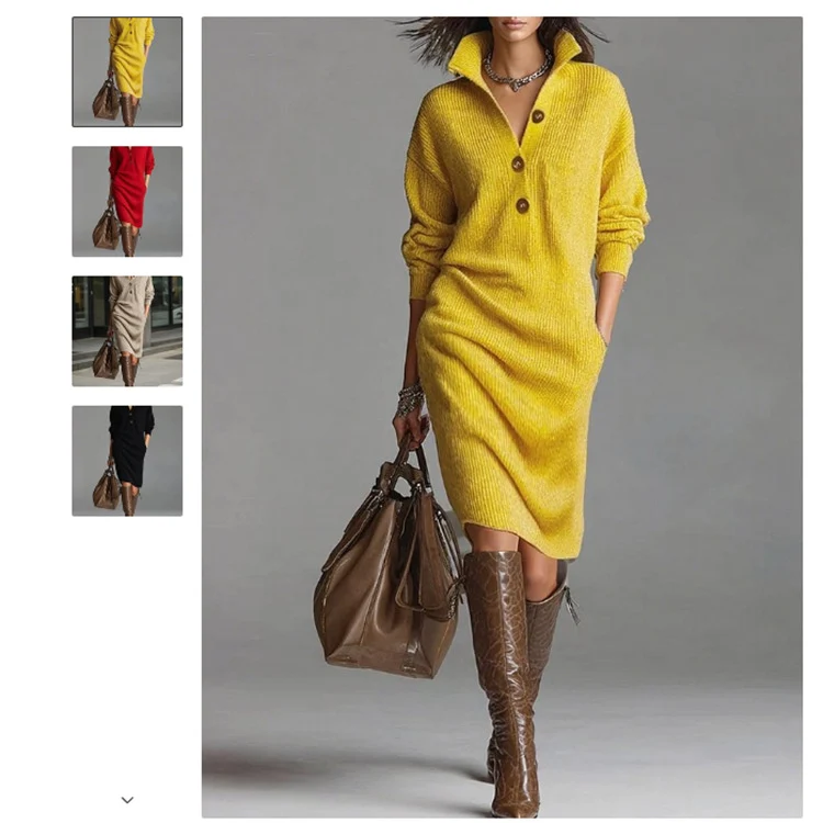 Damen Rippstrick-Midikleid mit Umlegekragen, Knopfleiste und Eingrifftaschen Nord Taschen
