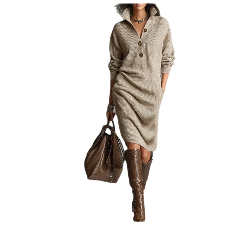 Damen Rippstrick-Midikleid mit Umlegekragen, Knopfleiste und Eingrifftaschen Nord Taschen