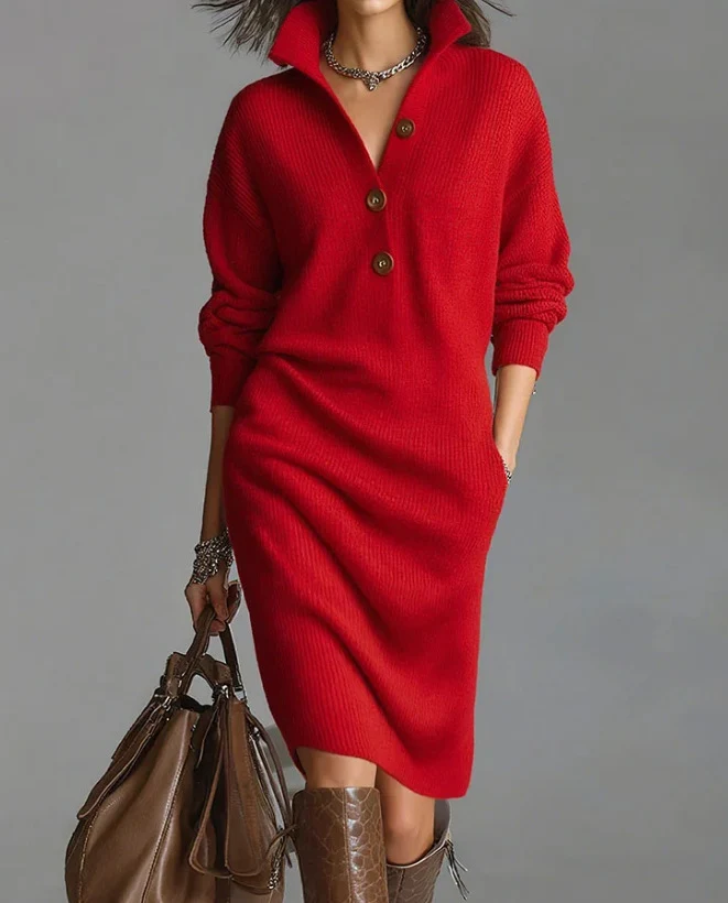 Damen Rippstrick-Midikleid mit Umlegekragen, Knopfleiste und Eingrifftaschen Nord Taschen