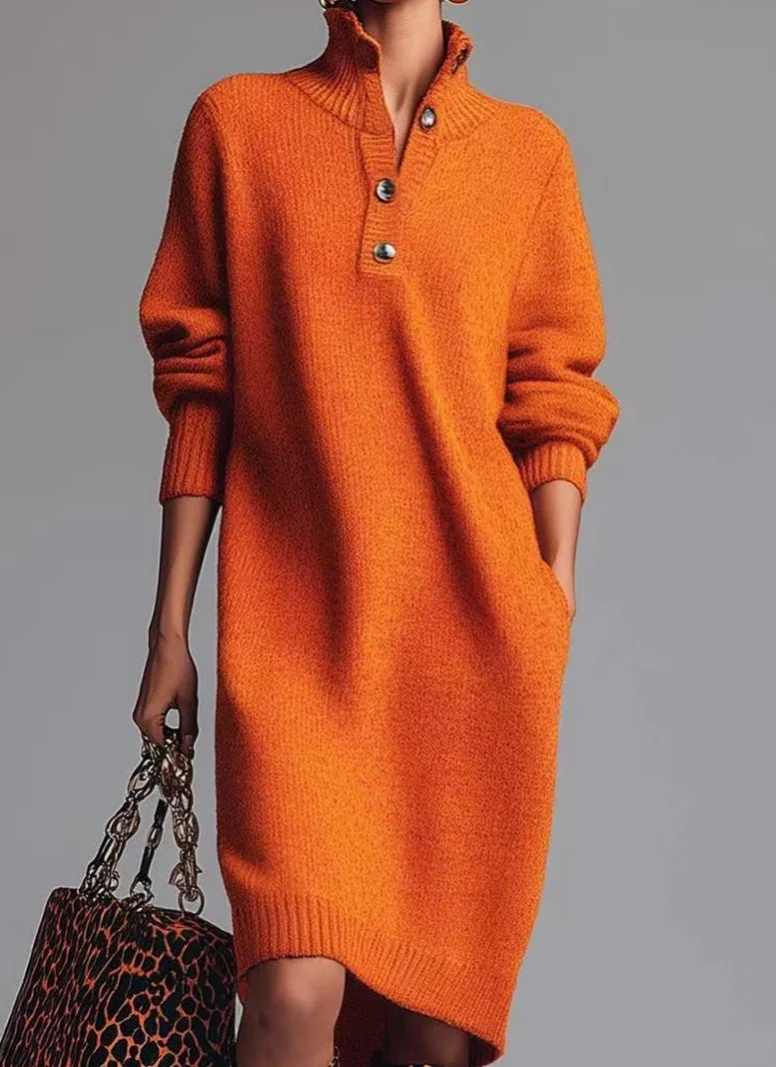 Damen Rippstrick-Midikleid mit Umlegekragen, Knopfleiste und Eingrifftaschen Nord Taschen