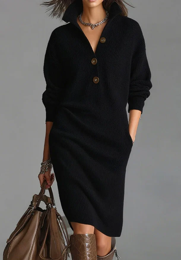 Damen Rippstrick-Midikleid mit Umlegekragen, Knopfleiste und Eingrifftaschen Nord Taschen