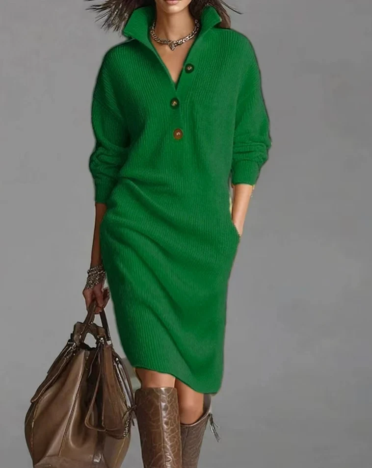Damen Rippstrick-Midikleid mit Umlegekragen, Knopfleiste und Eingrifftaschen Nord Taschen