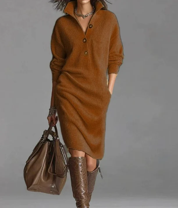 Damen Rippstrick-Midikleid mit Umlegekragen, Knopfleiste und Eingrifftaschen Nord Taschen