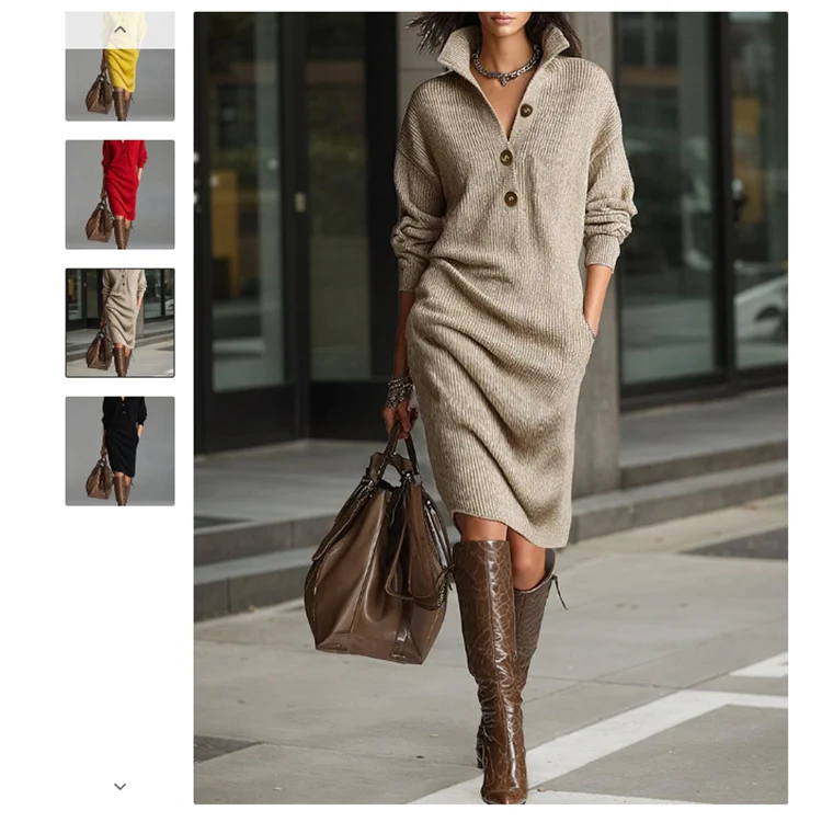 Damen Rippstrick-Midikleid mit Umlegekragen, Knopfleiste und Eingrifftaschen Nord Taschen