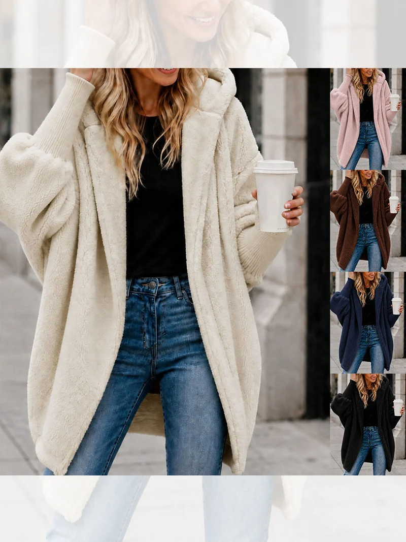 Damen Oversized Sherpa-Kapuzenmantel mit offenem Saum und Rippenbündchen Nord Taschen