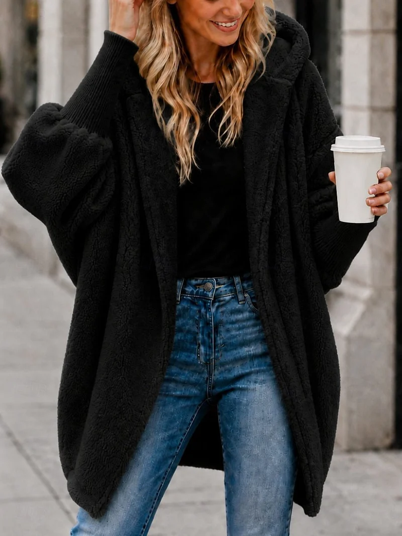 Damen Oversized Sherpa-Kapuzenmantel mit offenem Saum und Rippenbündchen Nord Taschen