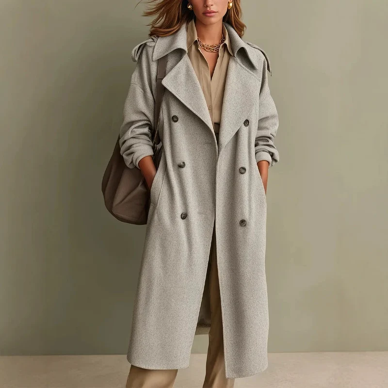 Damen Oversized Doppelreihiger Wollmantel mit weitem Revers Nord Taschen