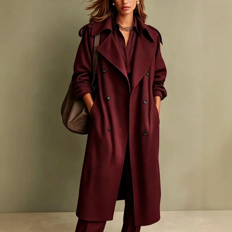 Damen Oversized Doppelreihiger Wollmantel mit weitem Revers Nord Taschen
